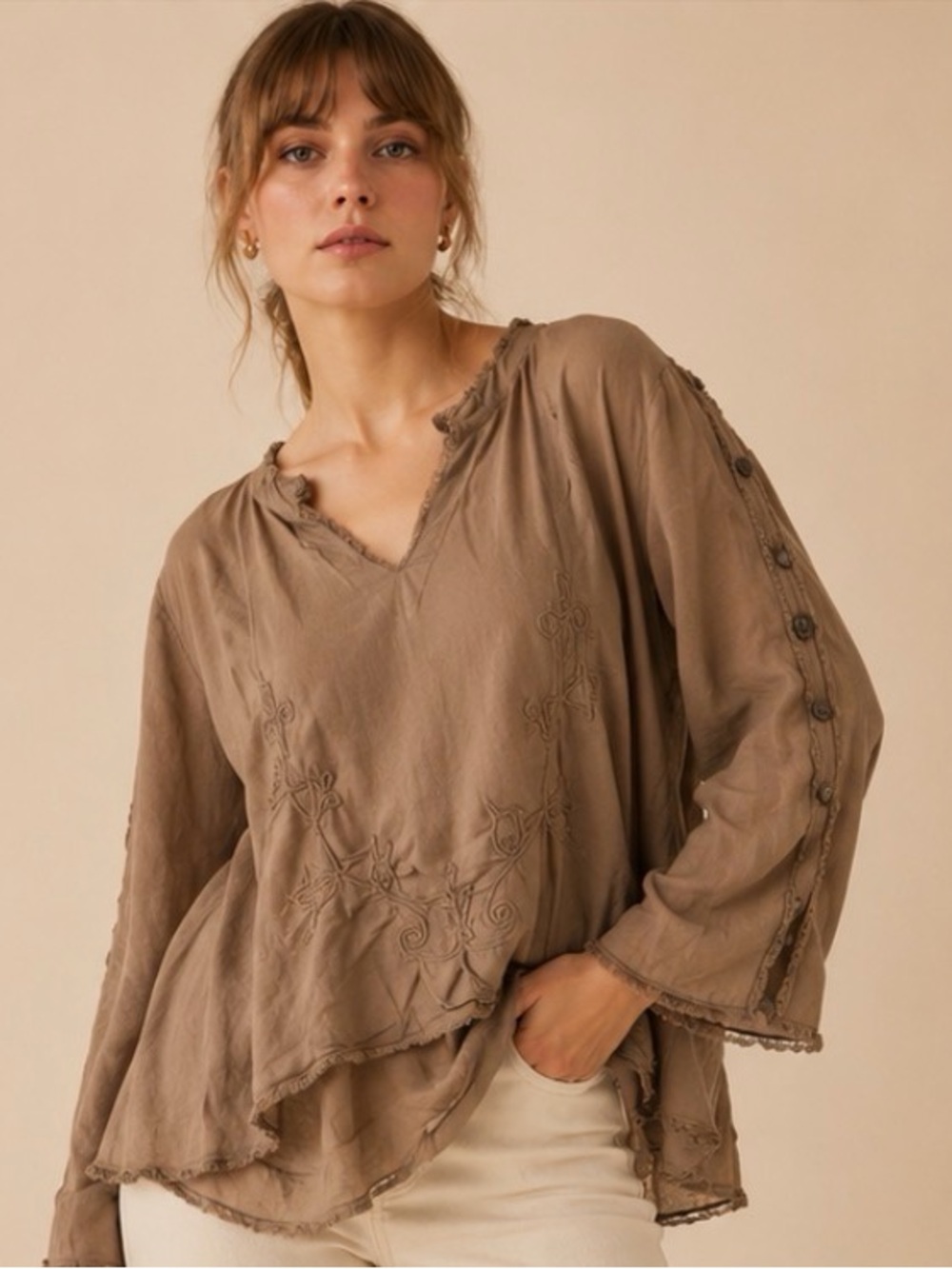 Gloam Brown Embroidered Boho Blouse Cottagecore Top L